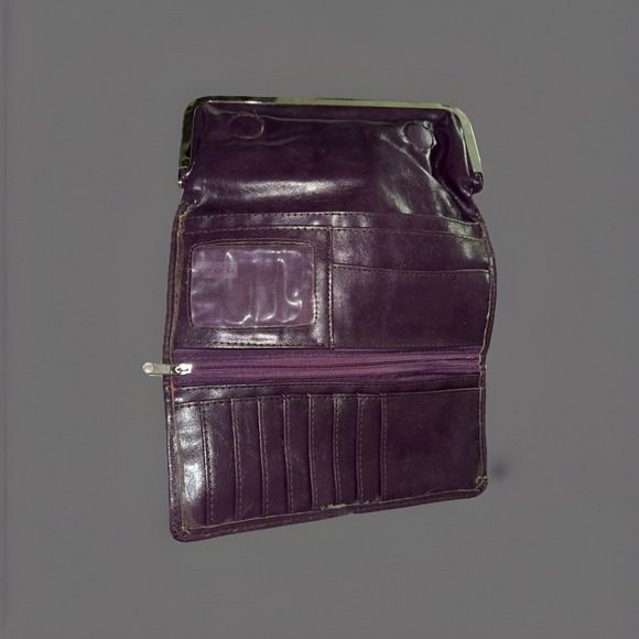 Braciano Frame Kiss Lock Trifold Wallet Purple Leather Magnetic Closure Vintage9 - Picture 3 of 8